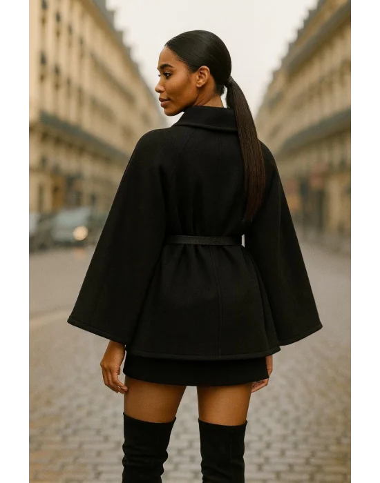 MetuCa Kadın Siyah Gömlek Yaka Düğmeli Kemerli Oversize Kaşe Kumaş Pelerin Panço Ceket Kaban