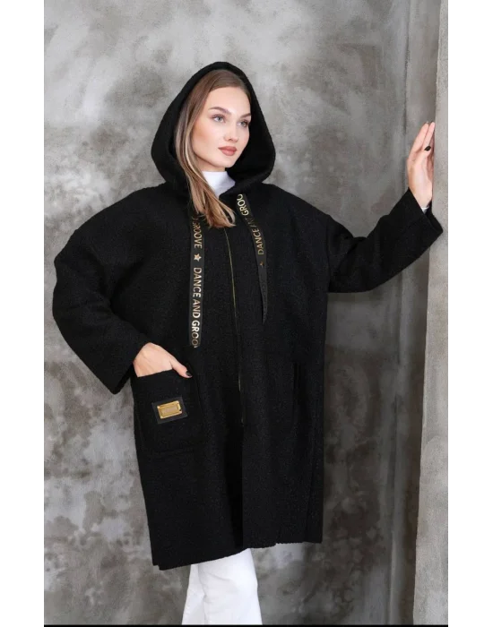 MetuCa Kadın Siyah Kapüşonlu Fermuarlı Cepli Oversize Buklet Kaban Mont Hırka