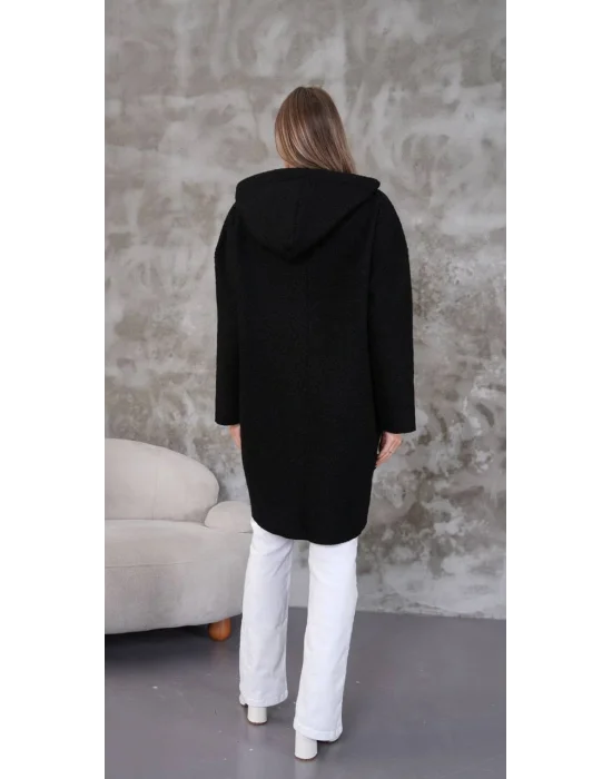 MetuCa Kadın Siyah Kapüşonlu Fermuarlı Cepli Oversize Buklet Kaban Mont Hırka