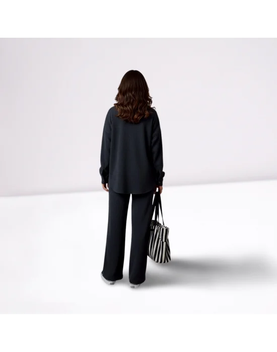 MetuCa Kadın Siyah Pamuk Bürümcük Takım Gömlek ve Beli Lastikli Geniş Paça Pantolon