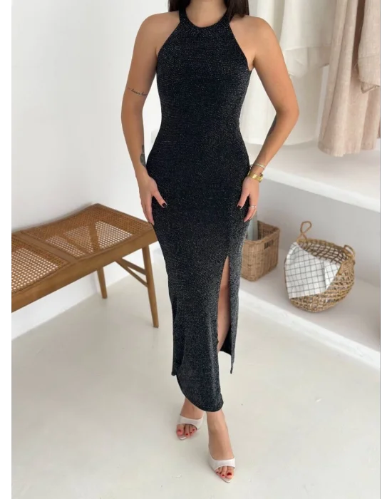 MetuCa Kadın Siyah Simli Halter Yaka Yırtmaçlı Vücudu Saran Uzun Abiye Gece Elbisesi