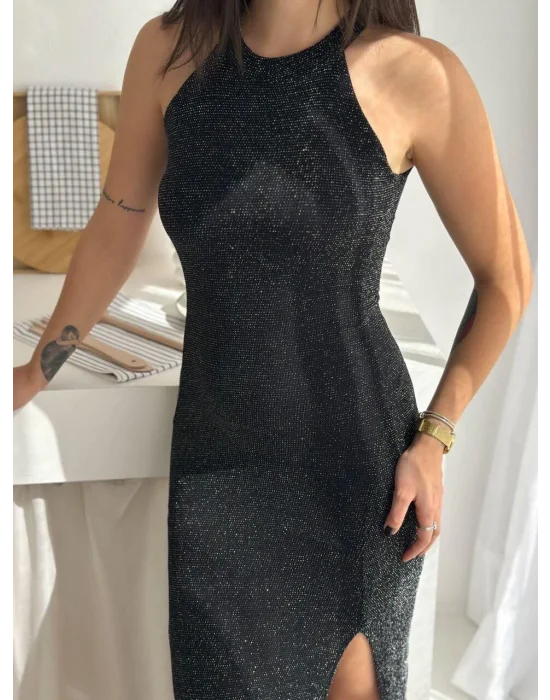 MetuCa Kadın Siyah Simli Halter Yaka Yırtmaçlı Vücudu Saran Uzun Abiye Gece Elbisesi