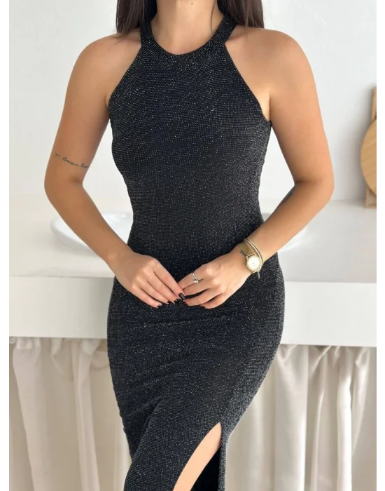 MetuCa Kadın Siyah Simli Halter Yaka Yırtmaçlı Vücudu Saran Uzun Abiye Gece Elbisesi