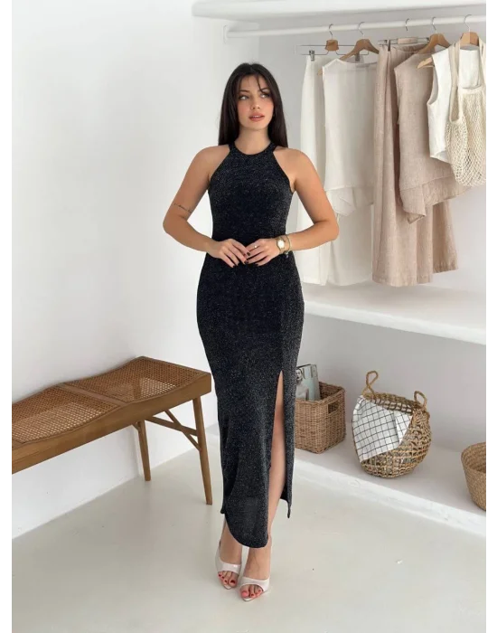 MetuCa Kadın Siyah Simli Halter Yaka Yırtmaçlı Vücudu Saran Uzun Abiye Gece Elbisesi