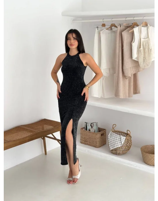 MetuCa Kadın Siyah Simli Halter Yaka Yırtmaçlı Vücudu Saran Uzun Abiye Gece Elbisesi