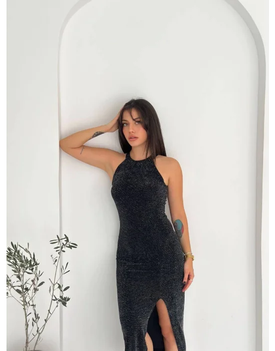 MetuCa Kadın Siyah Simli Halter Yaka Yırtmaçlı Vücudu Saran Uzun Abiye Gece Elbisesi