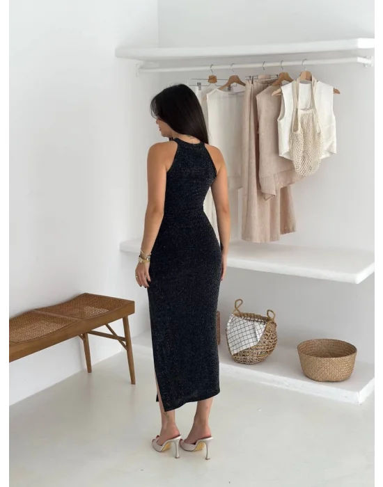 MetuCa Kadın Siyah Simli Halter Yaka Yırtmaçlı Vücudu Saran Uzun Abiye Gece Elbisesi