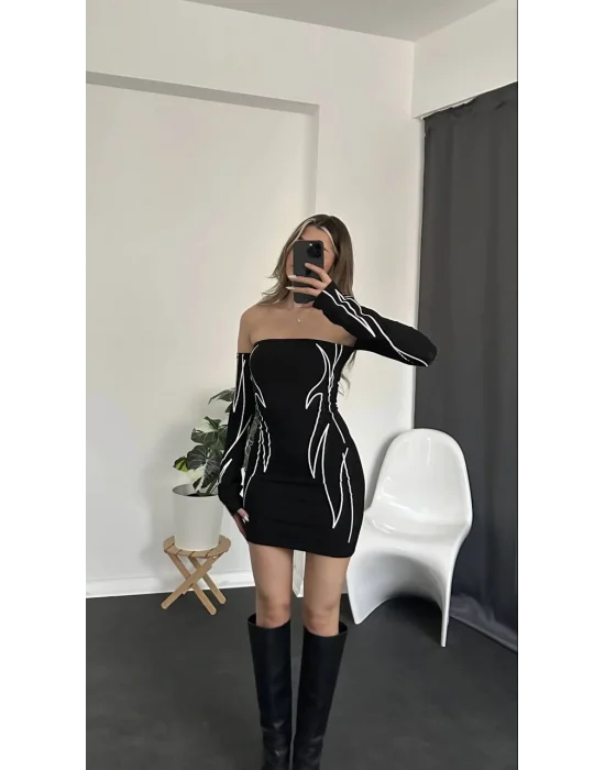 MetuCa Kadın Siyah Straplez Alev Desenli Ayrı Kollu Vücudu Saran Esnek Viscon Mini Parti Elbisesi