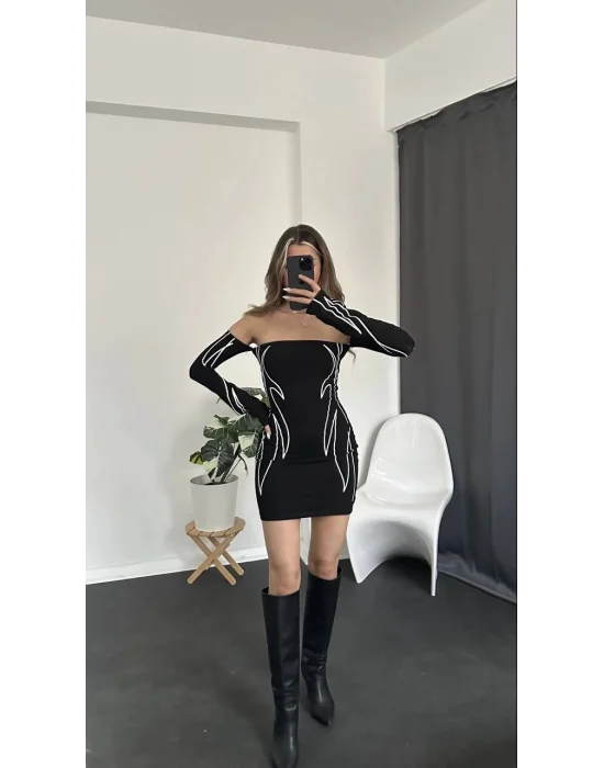 MetuCa Kadın Siyah Straplez Alev Desenli Ayrı Kollu Vücudu Saran Esnek Viscon Mini Parti Elbisesi
