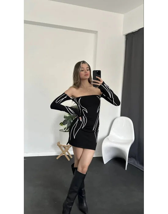 MetuCa Kadın Siyah Straplez Alev Desenli Ayrı Kollu Vücudu Saran Esnek Viscon Mini Parti Elbisesi