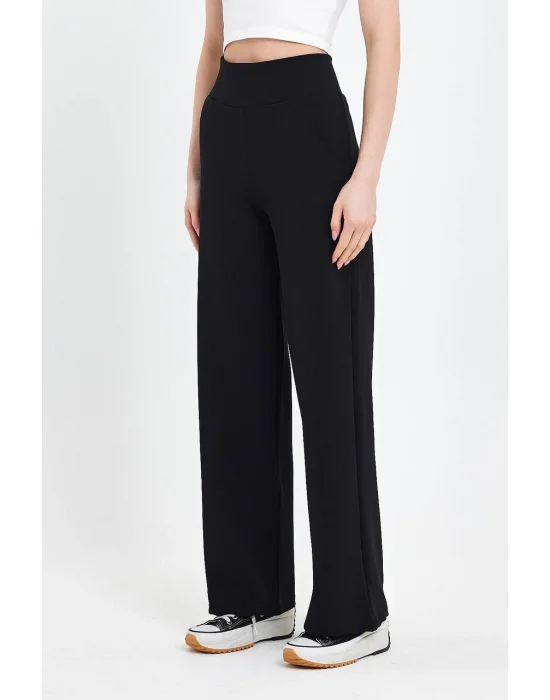 MetuCa Kadın Siyah Korsaj  Yüksek Bel Cepli Palazzo Geniş Paça Krep Kumaş Pantolon