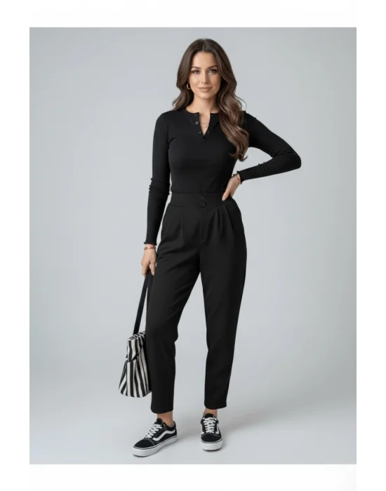 MetuCa Kadın Siyah Yüksek Bel Çift Düğmeli Pensli Havuç Kesim Esnek Krep Pantolon