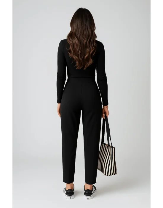 MetuCa Kadın Siyah Yüksek Bel Çift Düğmeli Pensli Havuç Kesim Esnek Krep Pantolon