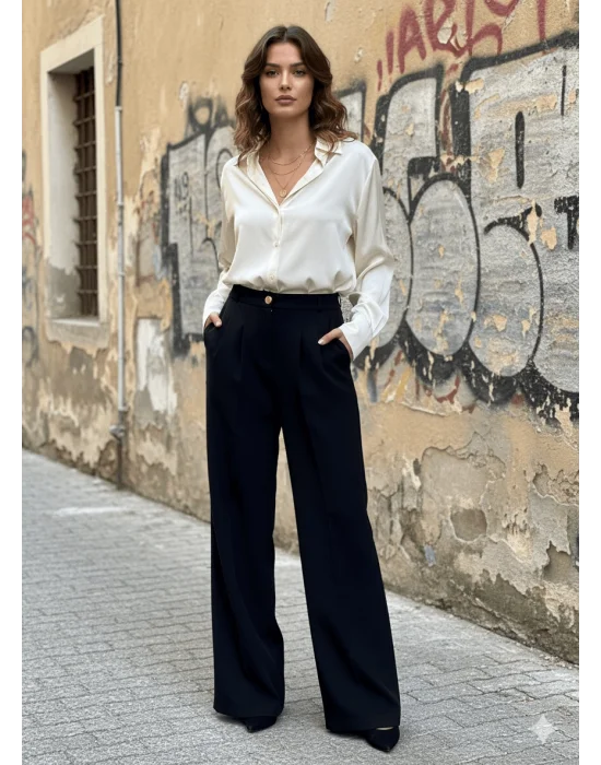 MetuCa Kadın Siyah Yüksek Bel Pensli Palazzo Geniş Paça Kumaş Pantolon