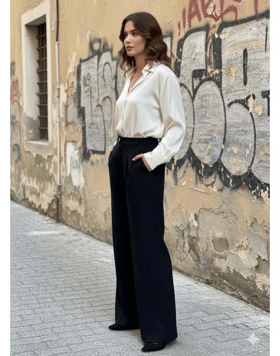 MetuCa Kadın Siyah Yüksek Bel Pensli Palazzo Geniş Paça Kumaş Pantolon