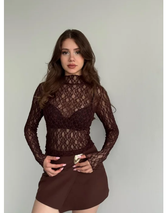 MetuCa Kadın Yarım Balıkçı Yaka Uzun Kollu File Desenli Dantel Transparan Bluz - Kahverengi