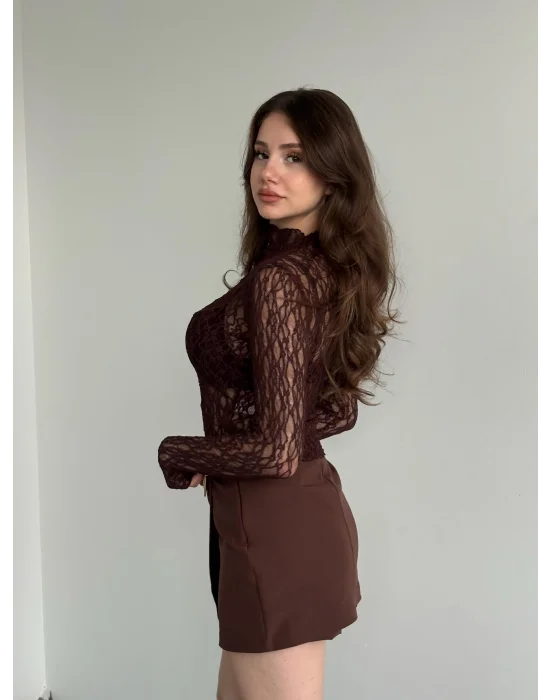 MetuCa Kadın Yarım Balıkçı Yaka Uzun Kollu File Desenli Dantel Transparan Bluz - Kahverengi