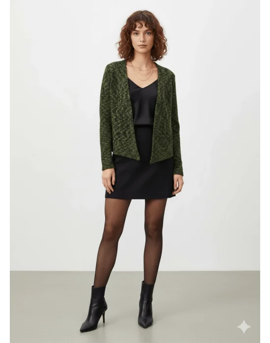 MetuCa Kadın Yeşil Siyah Melanj Yakasız Regular Fit Düğmesiz Triko Ceket Hırka