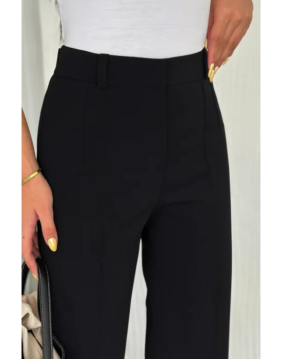 MetuCa Kadın Yüksek Bel Dikiş Detaylı Bol Paça Palazzo Model Kumaş Pantolon - Siyah
