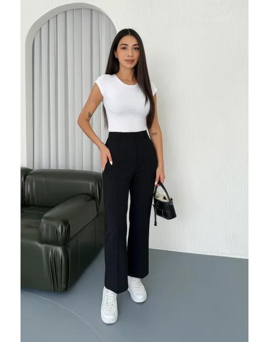 MetuCa Kadın Yüksek Bel Dikiş Detaylı Bol Paça Palazzo Model Kumaş Pantolon - Siyah