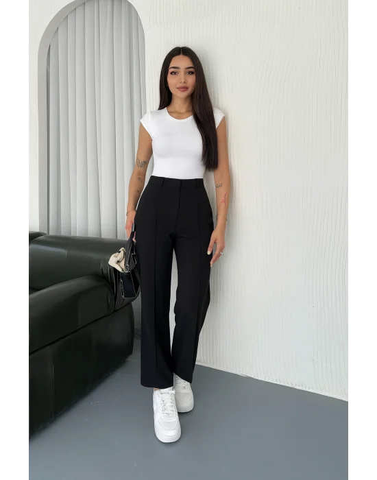 MetuCa Kadın Yüksek Bel Dikiş Detaylı Bol Paça Palazzo Model Kumaş Pantolon - Siyah