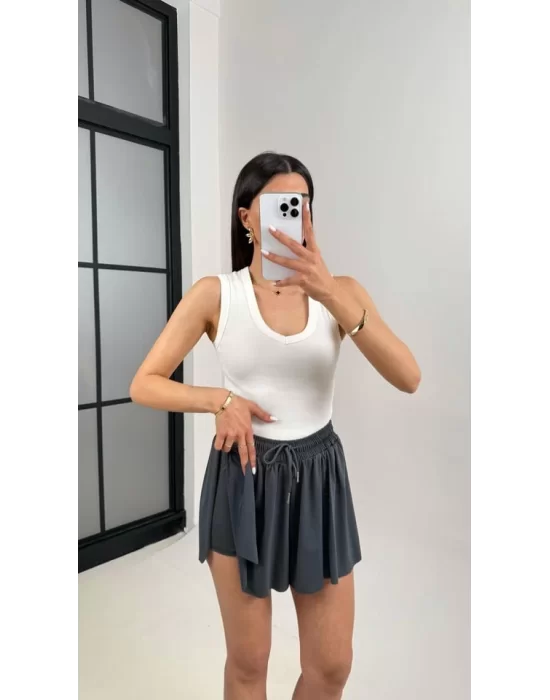 MetuCa Pileli İçi Şortlu Skort – Lastik Bel, Bağcıklı (Antrasit)