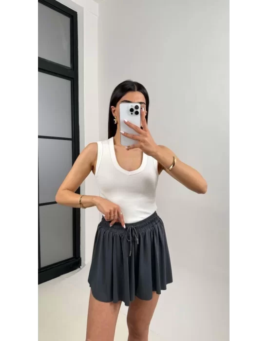 MetuCa Pileli İçi Şortlu Skort – Lastik Bel, Bağcıklı (Antrasit)