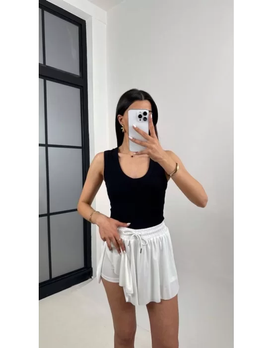 MetuCa Pileli İçi Şortlu Skort – Lastik Bel, Bağcıklı (Beyaz)
