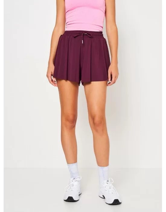 MetuCa Pileli İçi Şortlu Skort – Lastik Bel, Bağcıklı (Bordo)
