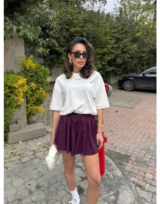 MetuCa Pileli İçi Şortlu Skort – Lastik Bel, Bağcıklı (Bordo)