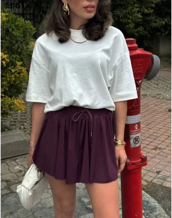MetuCa Pileli İçi Şortlu Skort – Lastik Bel, Bağcıklı (Bordo)