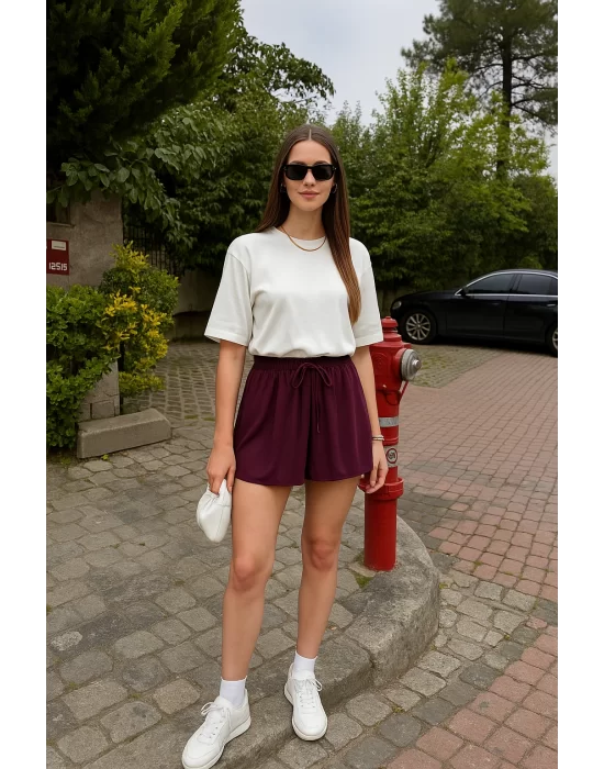 MetuCa Pileli İçi Şortlu Skort – Lastik Bel, Bağcıklı (Bordo)