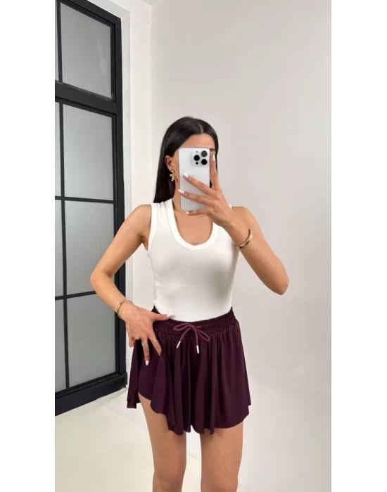 MetuCa Pileli İçi Şortlu Skort – Lastik Bel, Bağcıklı (Bordo)