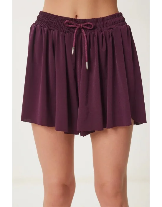 MetuCa Pileli İçi Şortlu Skort – Lastik Bel, Bağcıklı (Bordo)