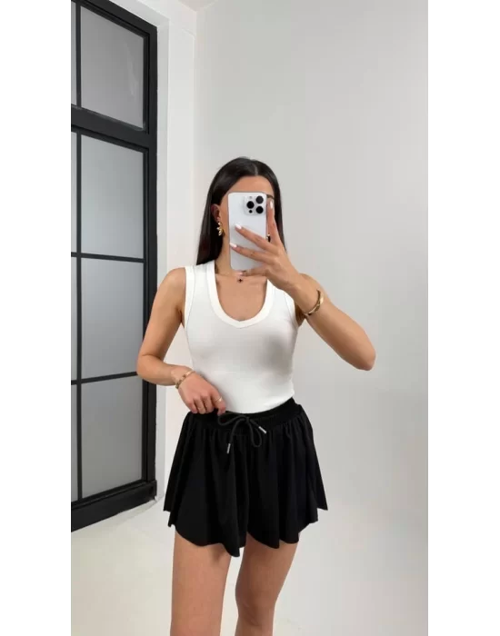 MetuCa Pileli İçi Şortlu Skort – Lastik Bel, Bağcıklı (Siyah)