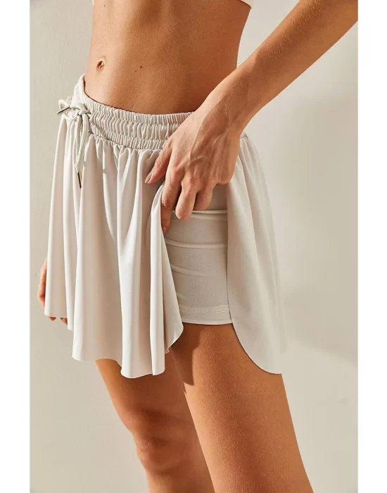 MetuCa Pileli İçi Şortlu Skort – Lastik Bel, Bağcıklı (Taş Rengi)