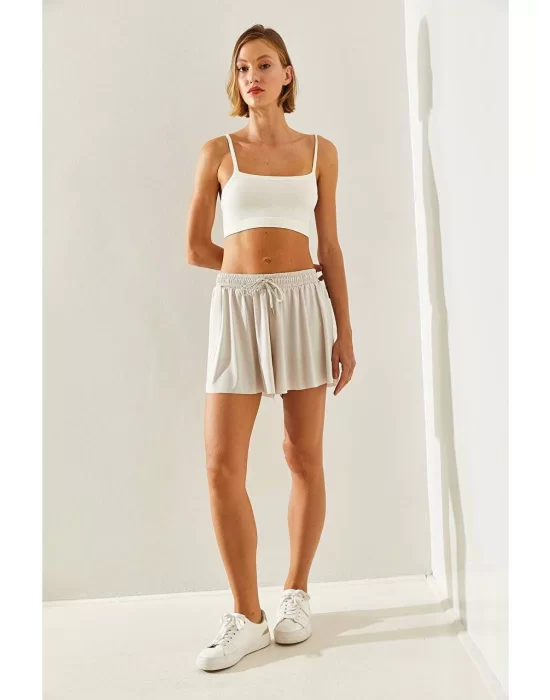 MetuCa Pileli İçi Şortlu Skort – Lastik Bel, Bağcıklı (Taş Rengi)