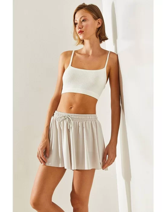 MetuCa Pileli İçi Şortlu Skort – Lastik Bel, Bağcıklı (Taş Rengi)