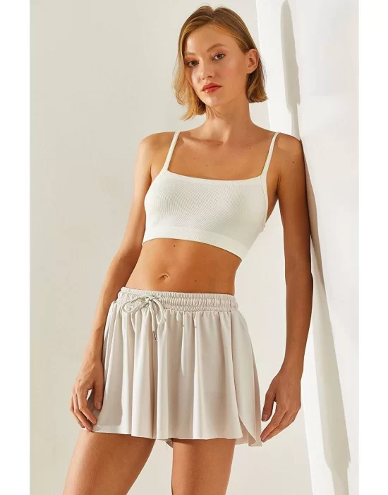 MetuCa Pileli İçi Şortlu Skort – Lastik Bel, Bağcıklı (Taş Rengi)