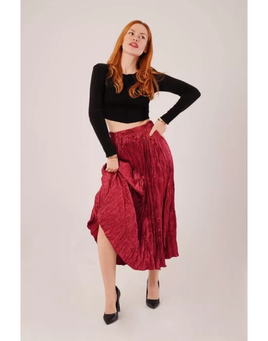 Midi Boy Pileli Saten Bordo Etek