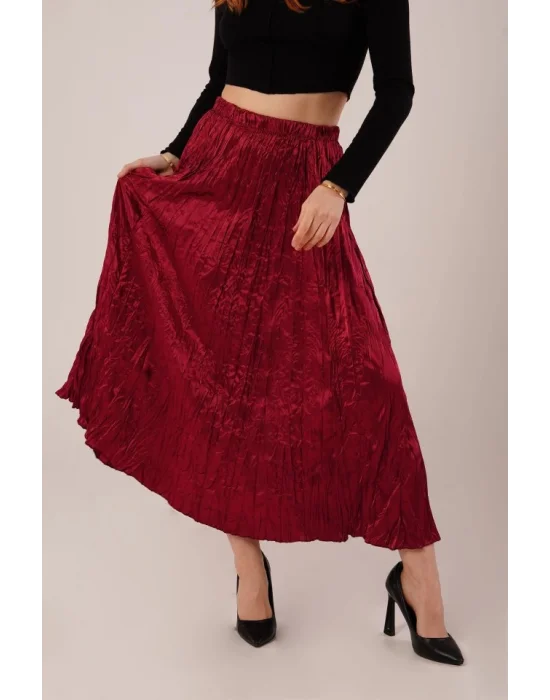 Midi Boy Pileli Saten Bordo Etek