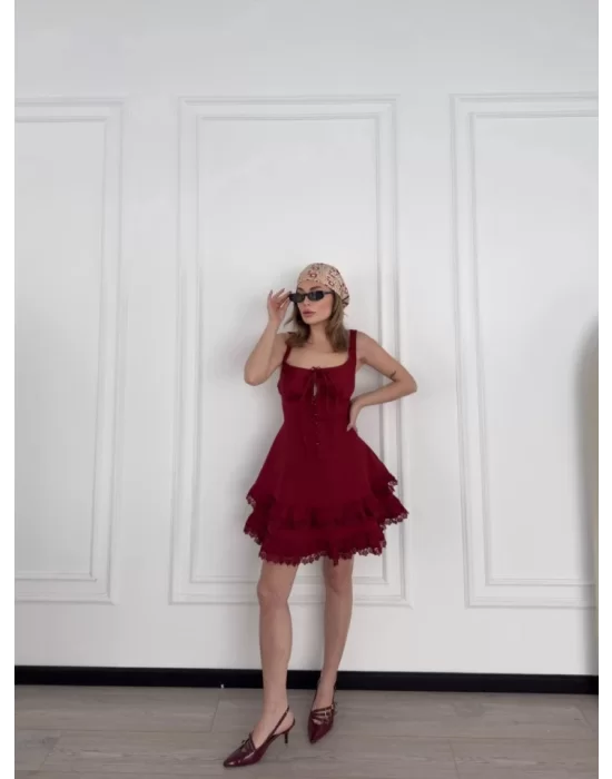 Mini Askılı Elbise - Bordo