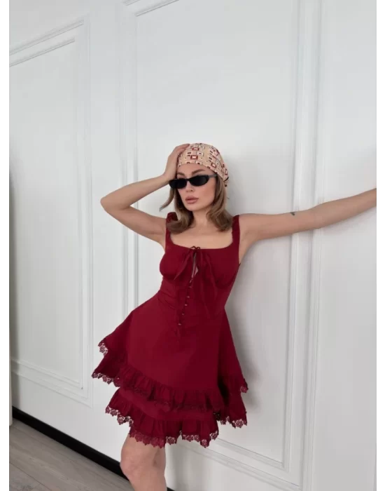 Mini Askılı Elbise - Bordo