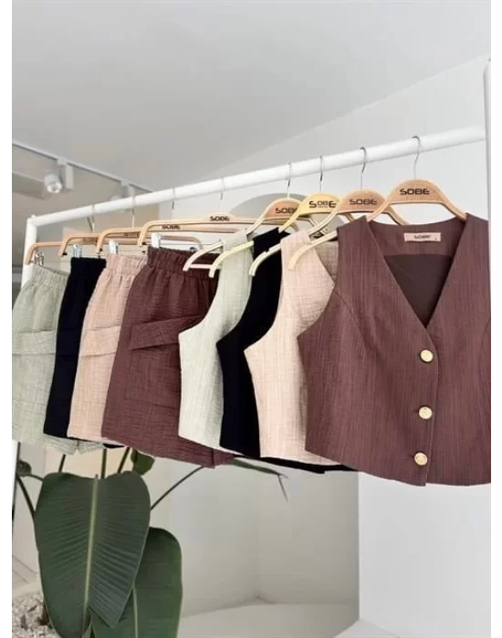 Mini Yelekli Şortlu Keten Takım 10176-08