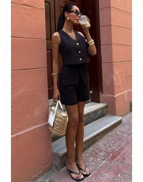 Mini Yelekli Şortlu Keten Takım 10176-08
