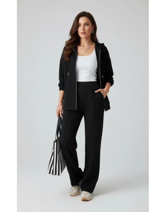 MetuCa Kadın Siyah Takım Kapüşonlu Fermuarlı Ceket ve Önü Çizgili Palazzo Pantolon