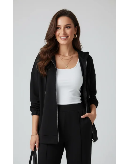 MetuCa Kadın Siyah Takım Kapüşonlu Fermuarlı Ceket ve Önü Çizgili Palazzo Pantolon