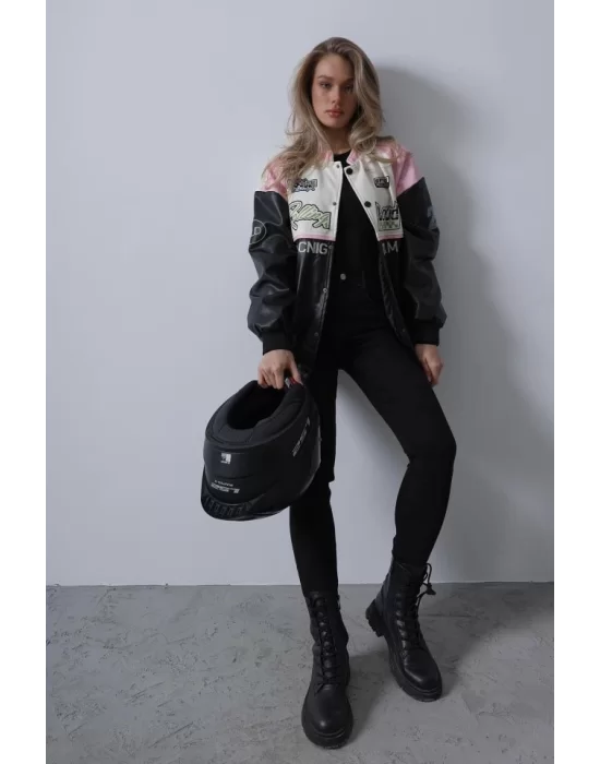 Motorcu Biker Ceket - Siyah-Pembe-Ekru