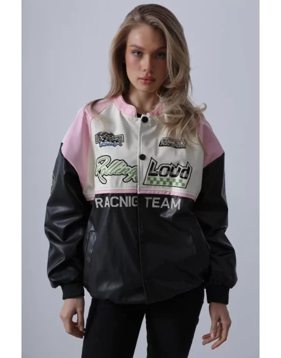 Motorcu Biker Ceket - Siyah-Pembe-Ekru