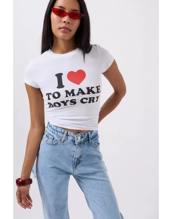 Nakış Detay Baskılı Crop T-Shirt